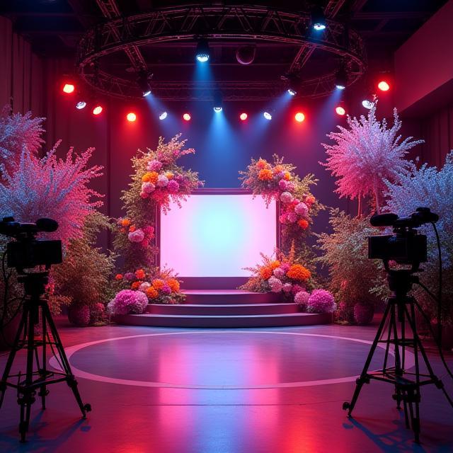 Cenário televisivo decorado com flores